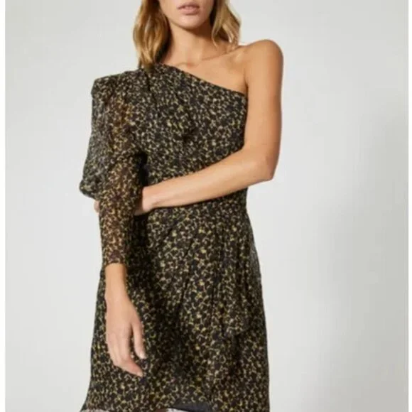 Iro Morello One Shoulder Dress Mini Silk Satin Cheetah Brown Black Print Size 4 - Picture 5 of 13